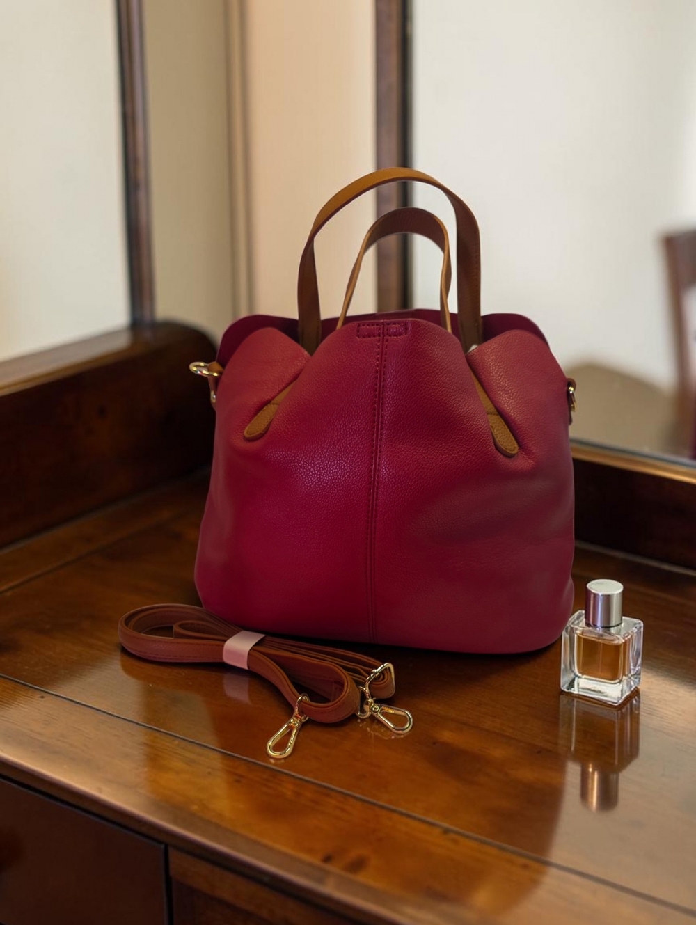 Designer-Inspired Women's Burgundy Leather Tote Bag with Tan Handles NWT - Picture 4 of 8
